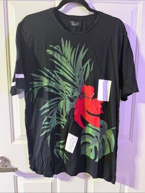 Zara Black Short-Sleeve Tee with Green Palm & Red Floral Print- XL